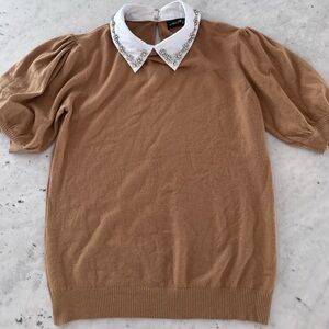 Ontwelfth Rhinestone White Collar Camel Short Sleeve Sweater Size Small